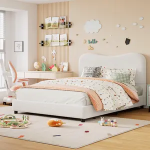 White velvet upholstered bed frame with circle headboard, soft rounded corner platform bed, low and sturdy, heavy duty wooden slats, quiet and easy to assemble