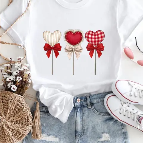 Women's Heart & Bow Print Round Neck Fitted Tee, Casual Short Sleeve T-shirt for Summer, Ladies Clothes for Everyday Wear Top, Womenswear