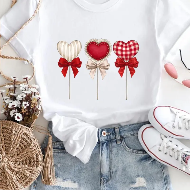 Women's Heart & Bow Print Round Neck Fitted Tee, Casual Short Sleeve T-shirt for Summer, Ladies Clothes for Everyday Wear Top, Womenswear
