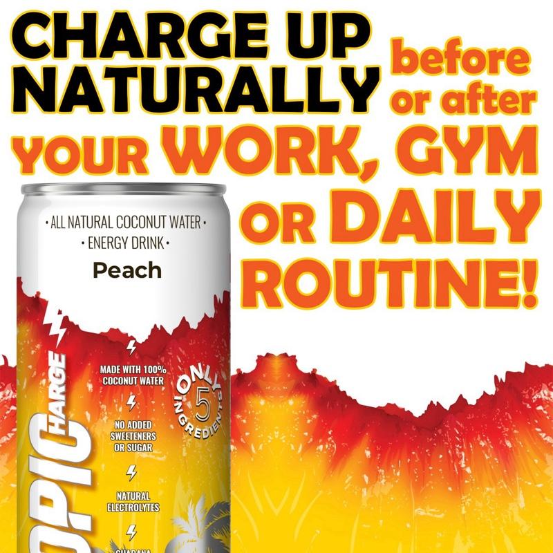 Tropicharge 100% Coconut Water Energy Drink with Guarana Extract (24 pack 330ml/6 flavours) - Zero Sweeteners or Added Sugar - All Natural - Passion Fruit, Forest Apple, Red Cherry, Lemon, Peach, Watermelon