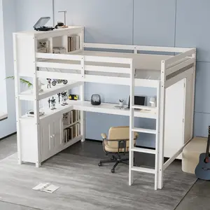 Eyisean Queen Modern Loft Bed with Desk, Space Saving Bed Frame with Storage Cabinet, Wardrobe & Built-in Ladder, Wood Loft Beds Frames for Adults, Bedroom, No Need Box Spring