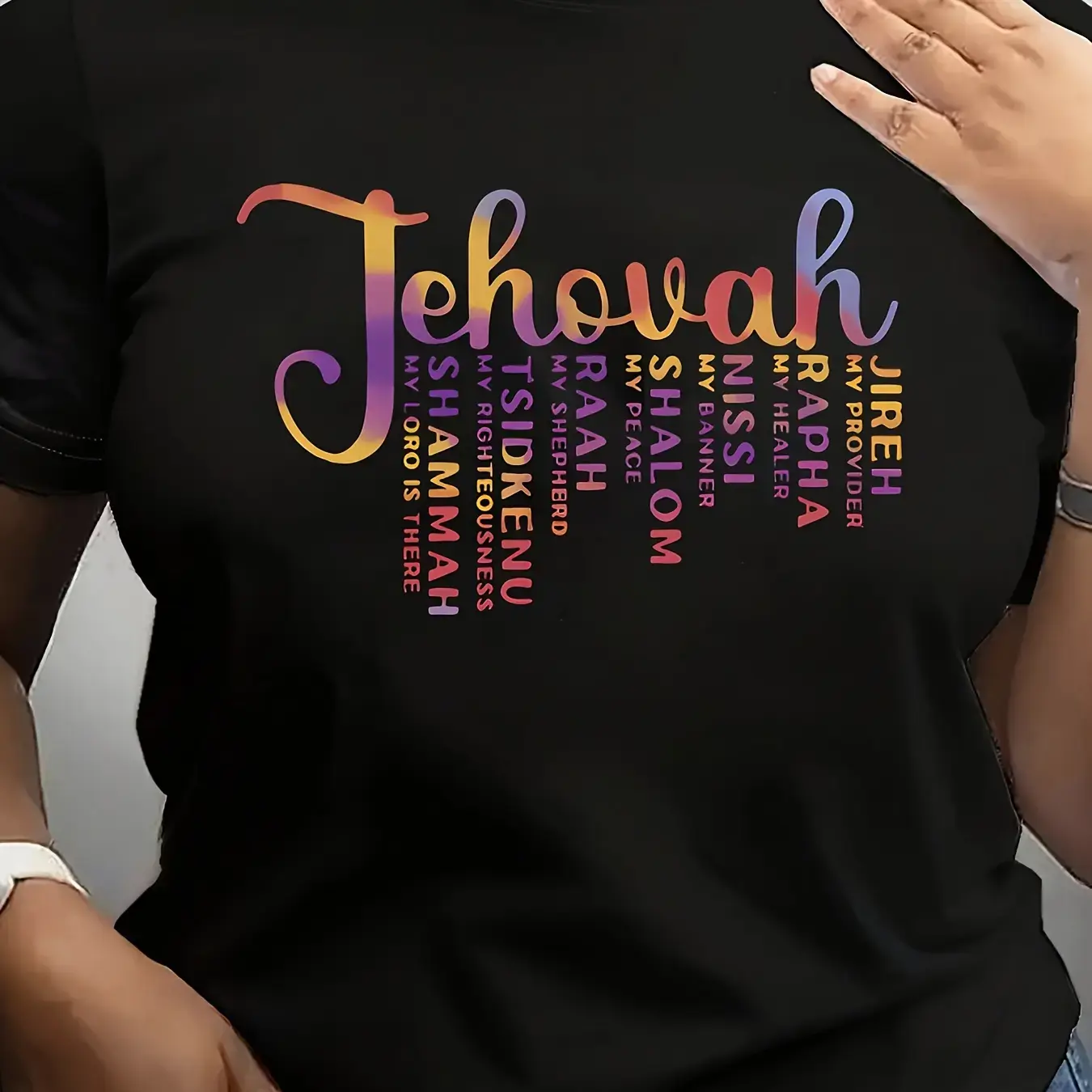 Women's Cotton Printed Christian Faith Bible Verse T-Shirt - Wide Sizes, Multicolor Hebrew Text & English Letters, Yeshua/Jehovah/Immanuel Hebrew Names, Casual Crew Neck Short Sleeve, Machine Washable for Church & Daily Wear