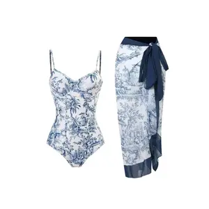 1pc Swimming Suit2026 Vintage Print 1pc Swimsuit Set - Underwire Tummy Control & Built-in Bra Support with Elegant Chiffon Skirt, Flattering Modest Swimsuit for Women # ModestSwim # VacationReady,chic design,mesh top,sport bra