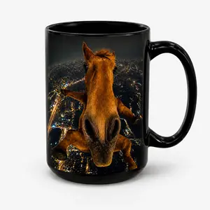 Printed Washable Coffee Ceramic Mug - Sturdy, Colorful, Glossy Surreal Cursed Image Horse Design, 11oz-15oz Weirdcore Flying Animal Drinkware, Long Nose, Prank Gift For Brother, Funny Office Cup