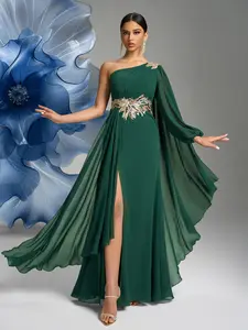 Elegant Asymmetrical Shoulder Long Sleeve Formal Dress, Beaded Embroidery, Ruched Flounce Hem, Split Design, Party Evening Gown