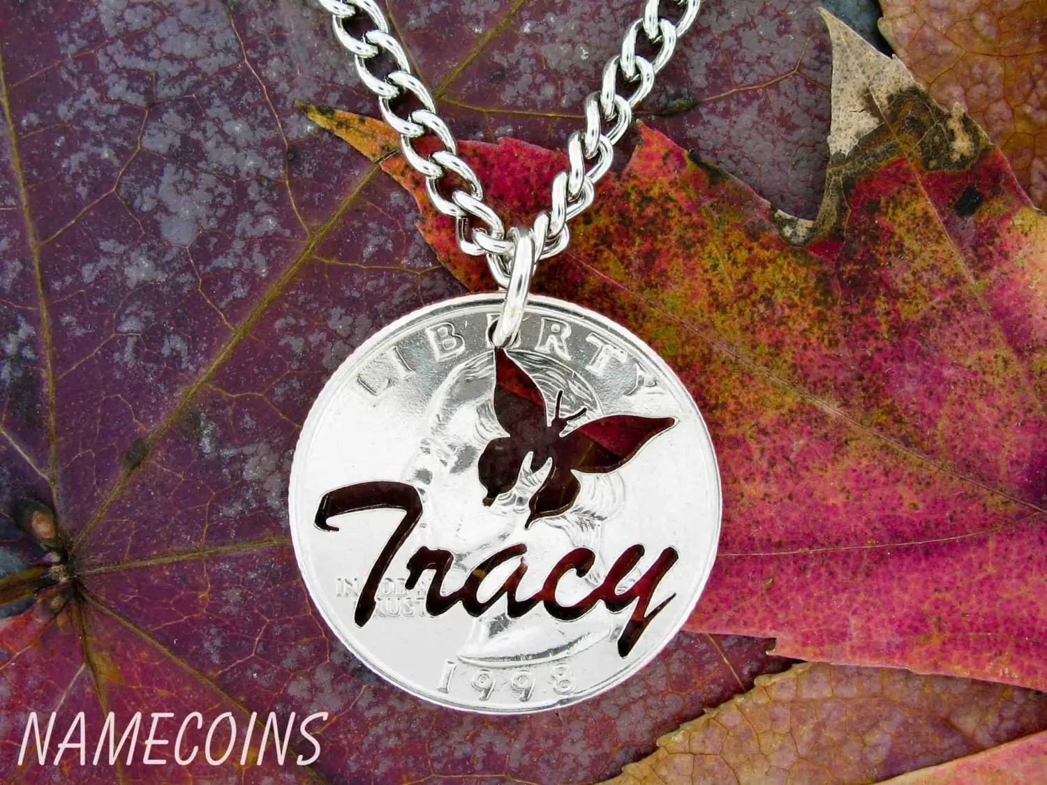 Custom NameCoins Necklace with Butterfly, Name Jewelry, Hand Cut Quarter