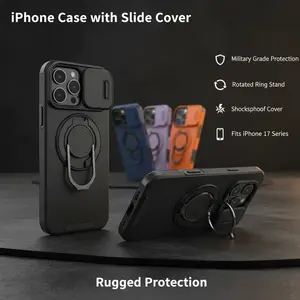 Case with Slide Camera Cover for iPhone 17 Air 17 Pro Max 16 15 14 13 12 Pro Max, Rotated Ring Kickstand Military Grade Shockproof Protective Cover Rugged Heavy Duty for Men Women