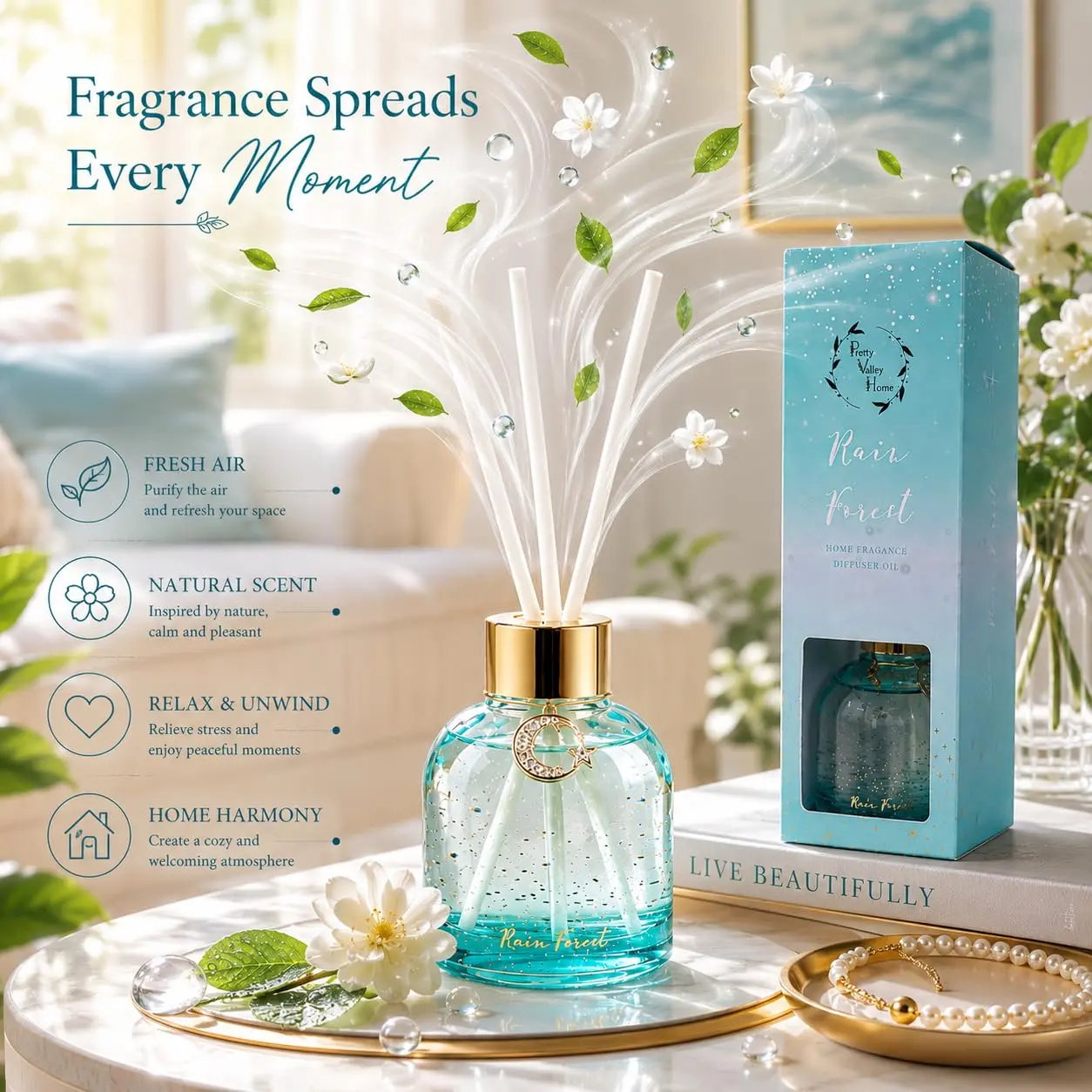 Reed Diffuser Set, Pretty Valley Home Diffuser 80Ml / 2.7 fl OZ Gift Box - Includes Reed Diffuser Sticks, Long Lasting Fragrance Oil and Glass Bottle for Office Living Room Decor (Rain Forest)