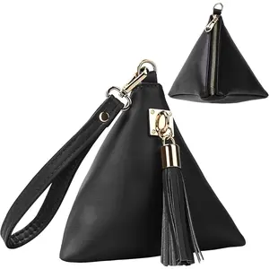 Triangle Leather Wristlet Clutch – Women’s Small Purse Wallet with Detachable Strap