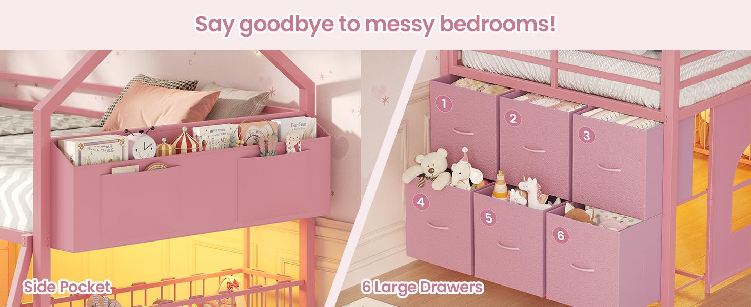 Modern Rectangular Twin Low Metal Loft Bed - Bedroom Furniture with 6 Drawers, LED Lights, Stuffed Animal Storage, 13” Safety Guardrail, Inclined Ladder, Play Curtain, Under-Bed Play Space, Pink