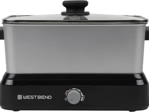 West Bend 5-Quart Slow Cooker 87905 with Non-Stick Coating, Silver Finish, Travel Lid & Thermal Carrying Case