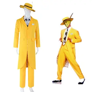 disguised geek cos suit Jim Carry mask man yellow long suit cosplay halloween costume