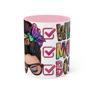Colorful Inspirational Mug - Boss Mom Coffee Cup - Gift for Moms - Motivational Drinkware - Fun Birthday Present, Reuse Washable Ceramic Tumbler