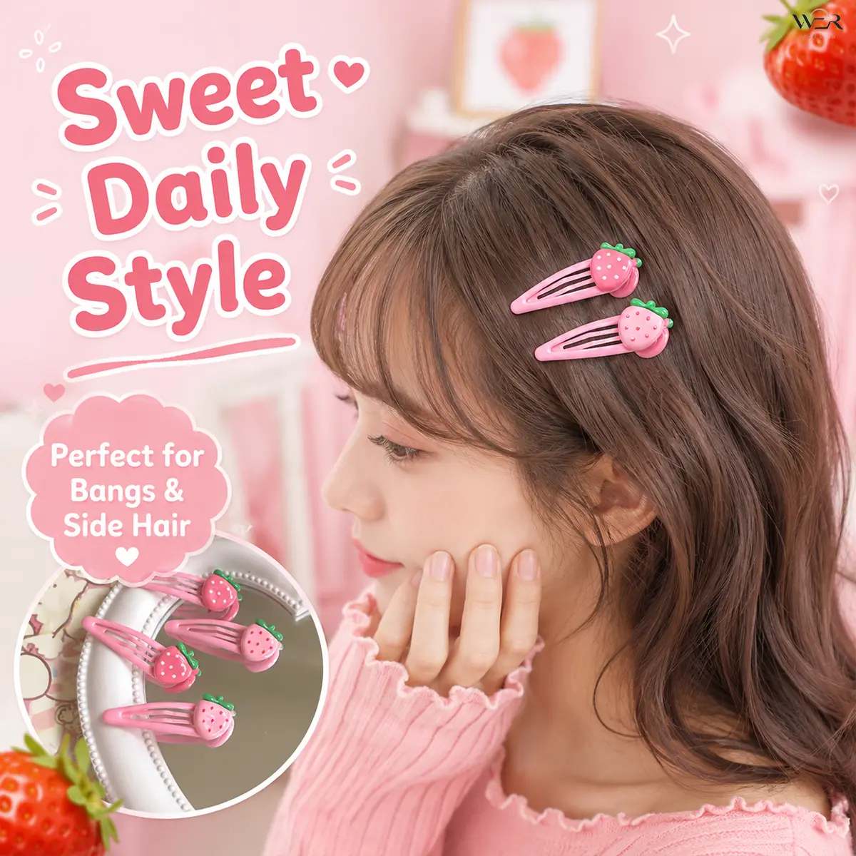 Pink Strawberry Barrette Hair Clips - Cartoon Kawaii Accessories, Bling Leafy Sparkly, Cute Elegant Lightweight Comfortable Versatile Feminine, Women/Girls Summer Gift for Party Daily Wear, Bling Hair Fashion, Fashion, Bangs, Bright Hot Pink Hair Clips