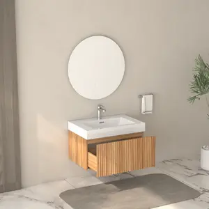 30 Inch Wall Mounted Bathroom Vanity with Sink, Floating Vanity Cabinet, Integrated Ceramic Basin, Plywood Construction, Modern Minimalist Style, Ideal for Small Bathrooms, Acacia Wood Grain Finish