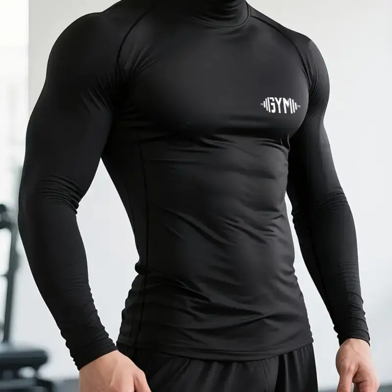 1PC Men's Muscle Fit Gym Shirt – Fitness Shirt, GYM Print, High Neck, Breathable & Stretch Fabric, Designed for Outdoor Workouts, Running, Hiking & Training, Gym Athletic Clothes, Sports Tops, Athletic Compression Shirts, Fitness Apparel
