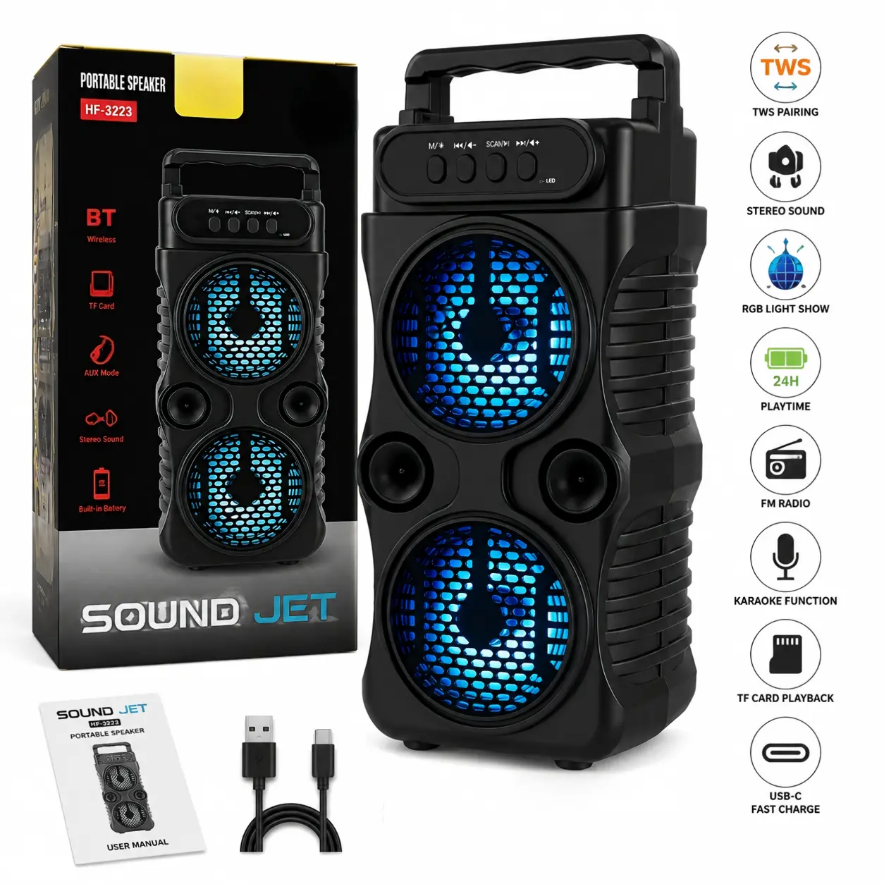 Portable Wireless Speaker with RGB LED Lights, Dual Stereo Bass Speakers, TWS Pairing, FM Radio, MP3 Player, USB TF AUX Input, Karaoke Function, Outdoor Party Speaker Gift for Men Teens