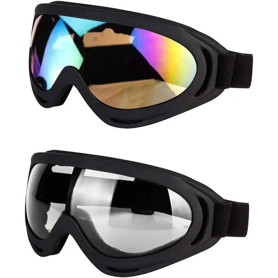Motorcycle Goggles Set (2 Pack) - PC Lens, Anti-UV, Adjustable, Transparent, Offroading Protective Military Goggles for Adults, Youth - Fits Dirt Bike, ATV, Motocross Riding, Adjustable Strap