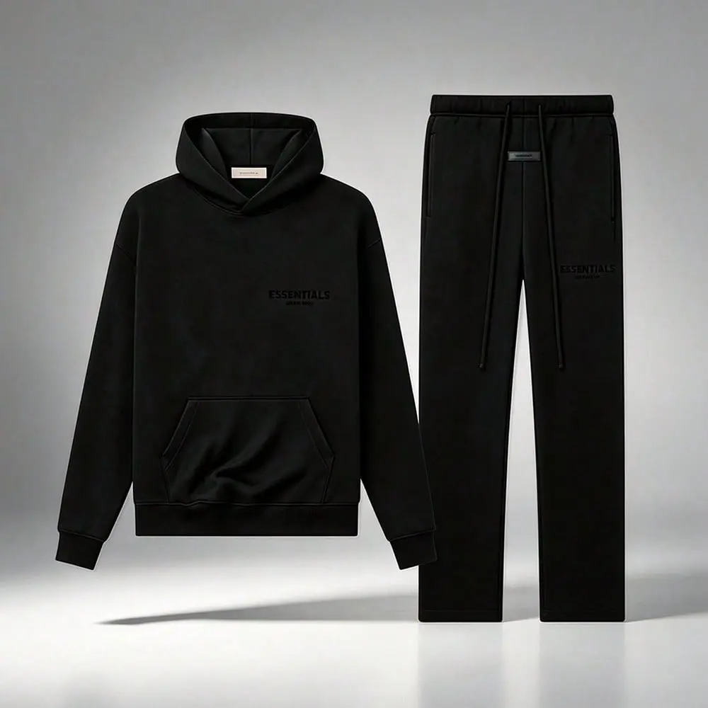 Fear of God Essentials Mens 2 Piece Tracksuit Oversized Black Pullover Hoodie & Sweatpants Fleece Sweatset Outfit