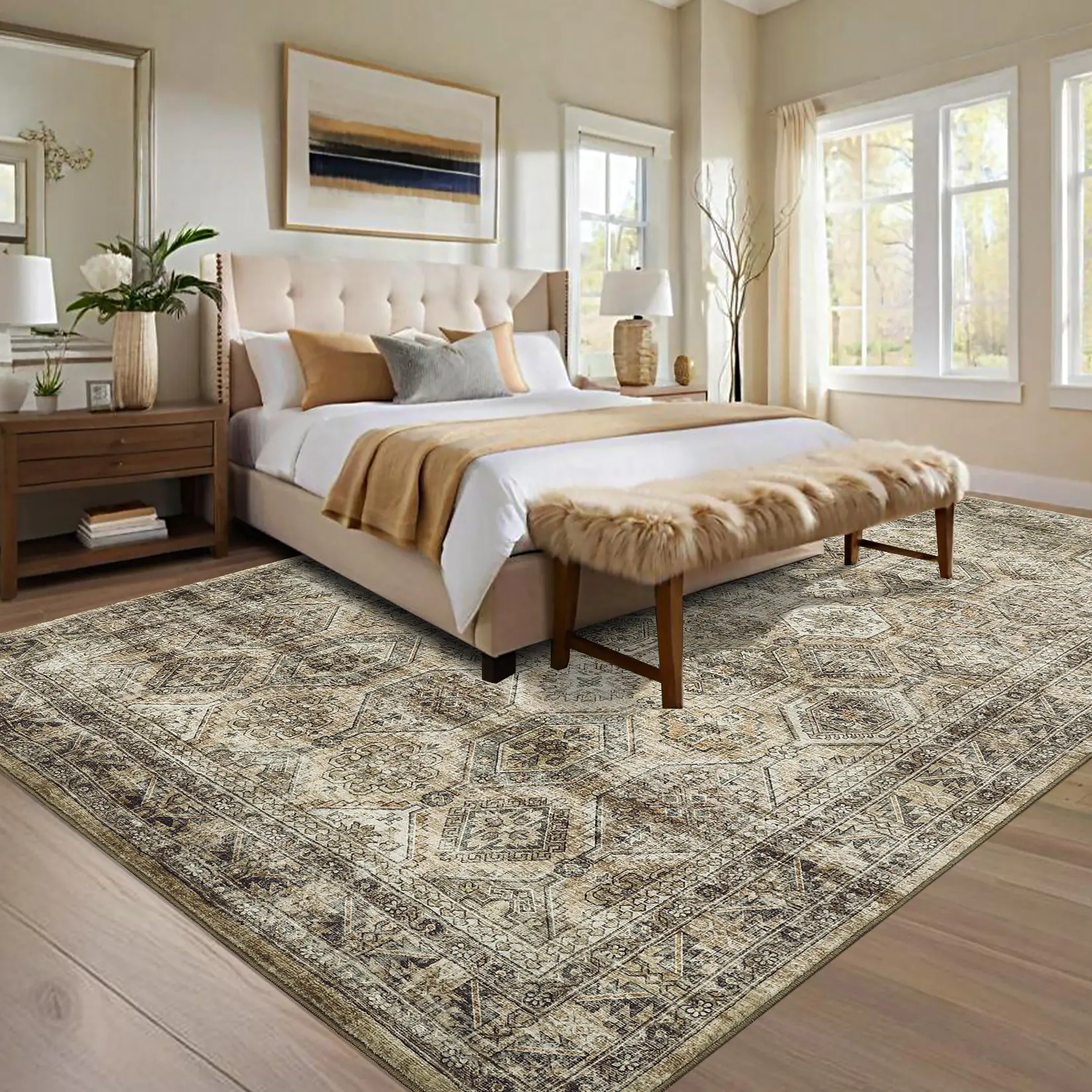 Vintage Washable Rug Flower Print Carpet Short Pile Non-Slip Rug Foldable Indoor Carpet For Living Room Dining Room Office Bedroom Persian Carpet