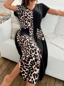 Women's Casual Fitted Leopard Patchwork V-Neck Split Long Pocket T-Shirt Dress, Home Sleepwear, Comfortable Loungewear