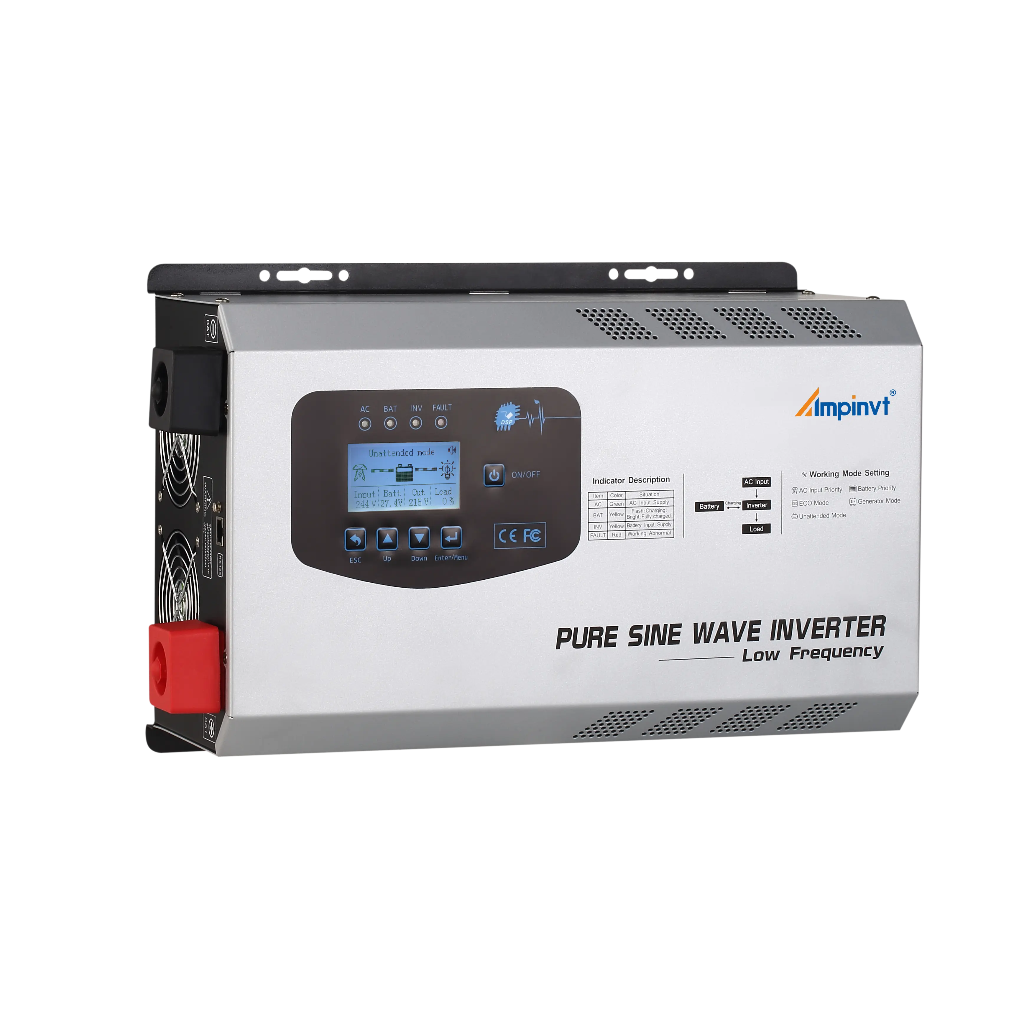 3KW 3000W DC 24V UPS Pure Sine Wave Power Inverter Peak Power 9KW with AC Charger without MPPT Solar controller Generators House Lithium Battery Powered