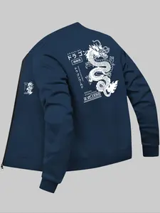 Men's Dragon & Japanese Print Zip Up Bomber Jacket, Casual Regular Fit Long Sleeve Pocket Outerwear for Daily Wear, Men's Clothing for All Seasons
