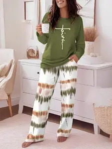 Women's Casual Printed Round Neck Long Sleeve Top & Gradient Print Pants Set, Soft Comfortable Home Wear, All Seasons Fitted