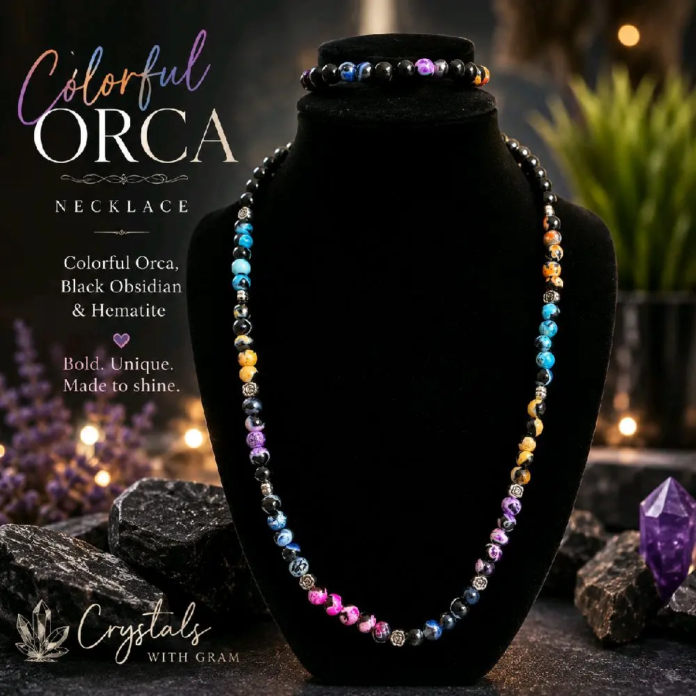 Colorful Orca Bracelet | Black Obsidian & Hematite | Handcrafted Crystal Stretch Bracelet