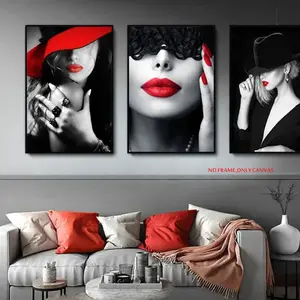 3-Piece Set, Red Lips Sexy Lady Canvas Art Trendy Girl Mural Modern Home Decor Painting Living Room Wall Art Frameless Artwork Decoration