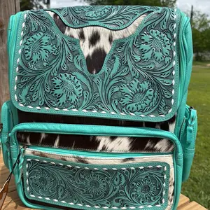 Turquoise Tooled Leather and Cowhide Backpack with Floral Design and Zip Closure