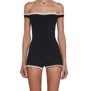 Women's Ribbed Knit Romper with Ruffled Lace Trim Trendy Casual One-Piece Outfit in 90% Polyester 10% Spandex