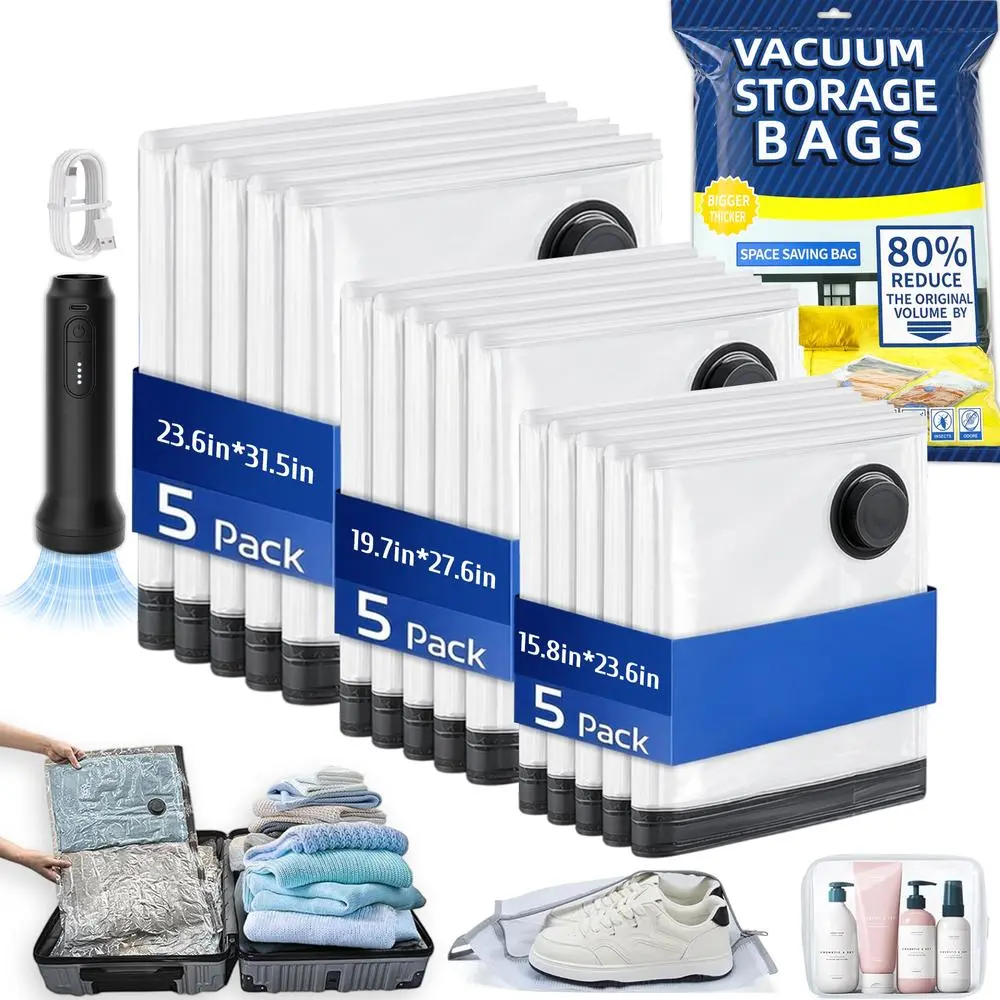 15 Pack Travel Vacuum Bags with Pump Reusable Airtight Waterproof Storage Organizers, Cordless Wireless Rechargeable Air Pump Multi Size Bundle, bolsas para guardar ropa al vacío