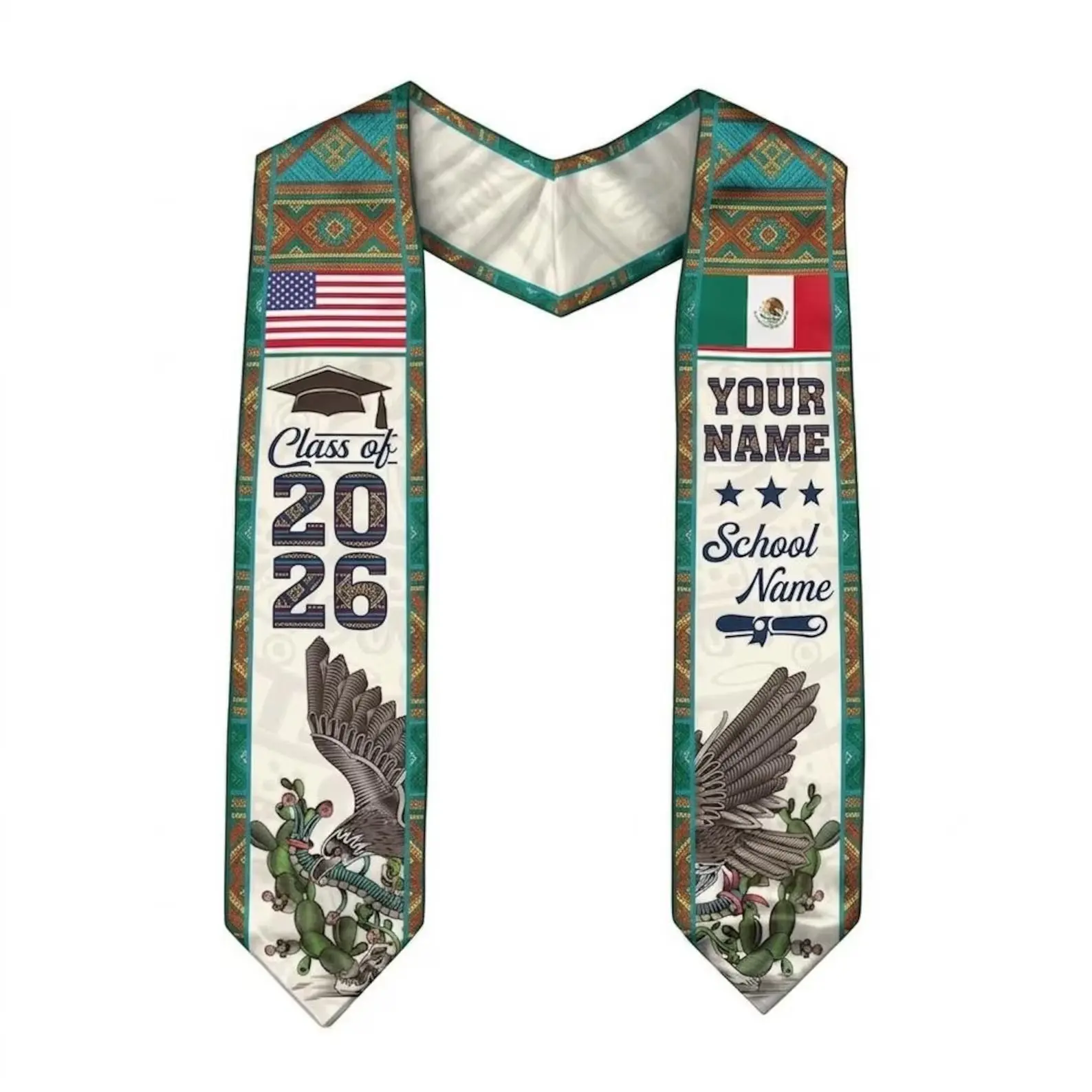 Personalized Mexican Eagle Graduation Stole 2026 – Custom Name School Sash & Cultural Heritage Design & Class of 2026 Senior Grad Gift