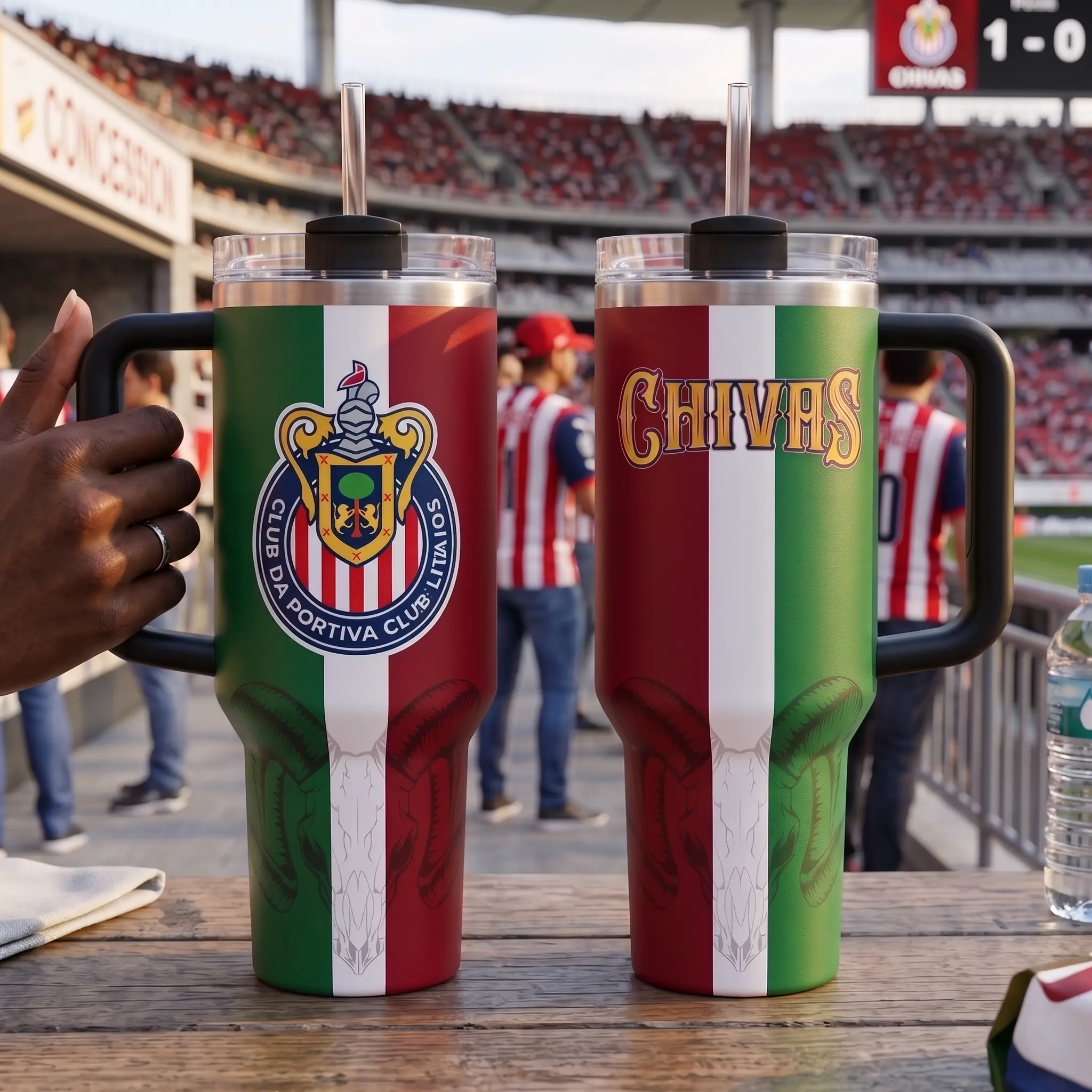 Chivas 40oz Tumbler with Handle and Straw - Mexico Tricolor Ram Skull Design Insulated Stainless Steel Travel Mug Gift for Soccer Fans