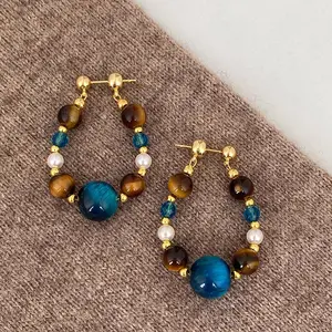 Silver Needle Pearl Tiger Eye Stone Crystal Beaded Water Drop Pendant Earrings Vintage Earrings Studs Niche Design Sense Ear Jewelry Geometric Style with Circular Motifs jewelry by danielle navajo korean  studs zirconia gold