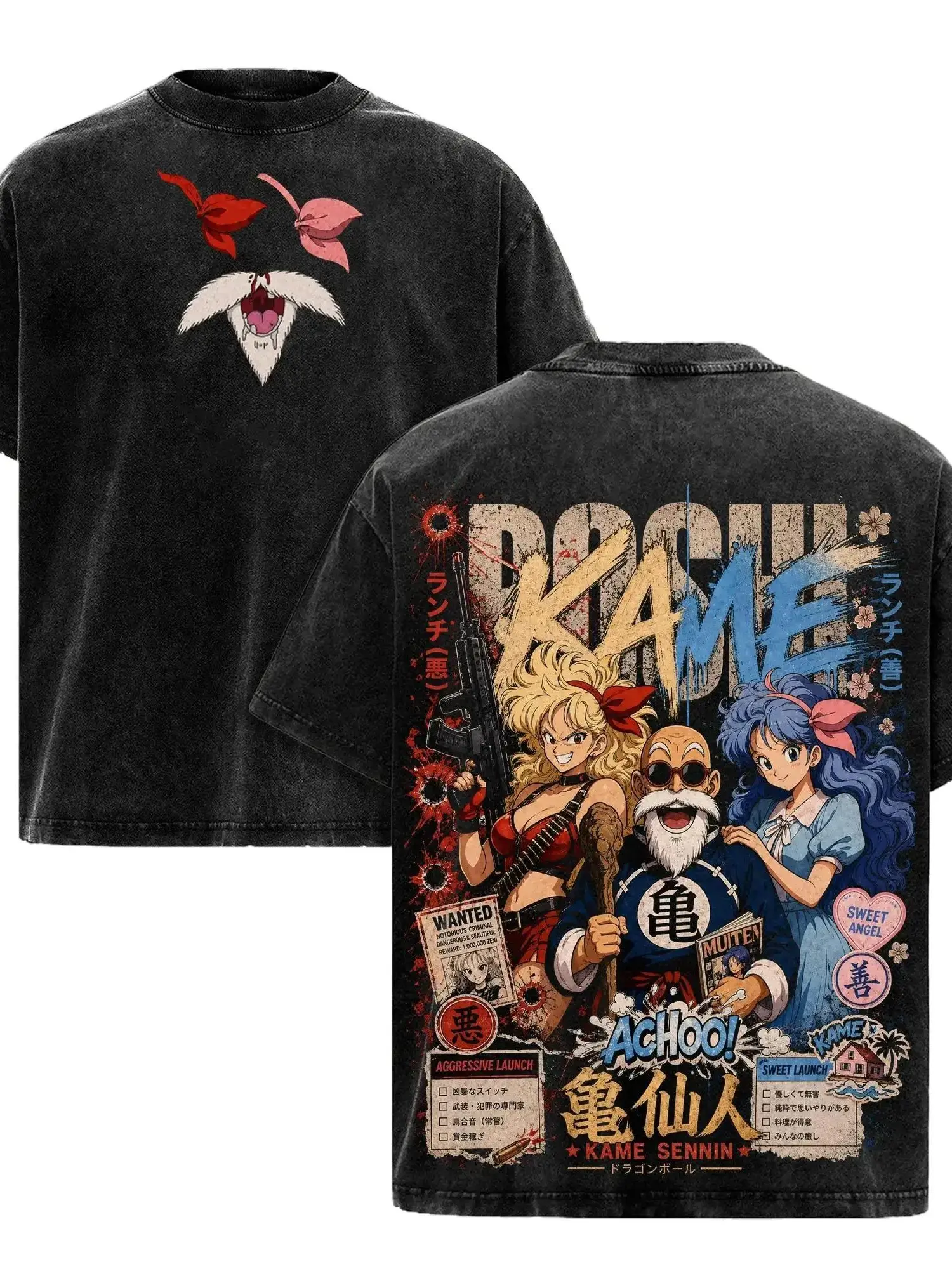 Launchh Master Roshi DBZ Kame Sennin Vintage Washed T-Shirt | Classic Anime Graphic Tee | Kame House Streetwear Oversized Shirt