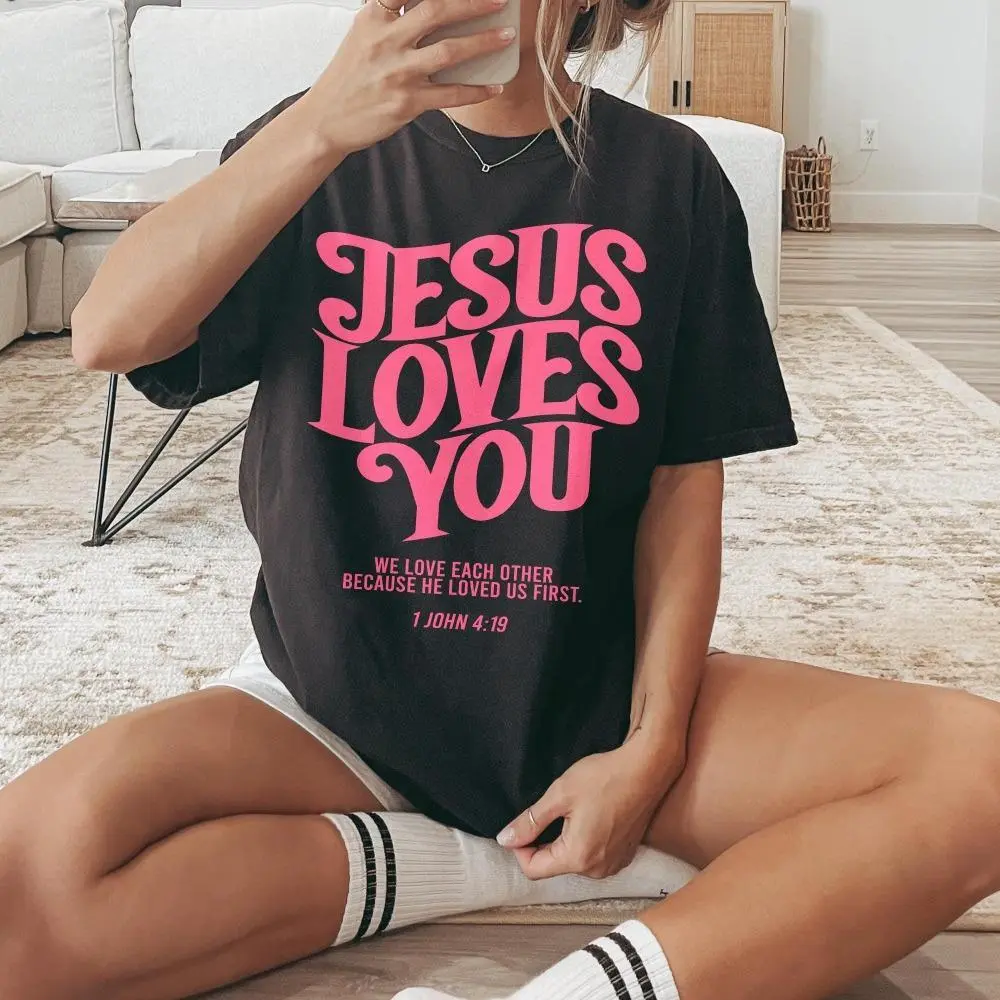 Men's Christian 100% Cotton Jesus Loves You Graphic Tshirt - Bible Verse Slogan Tees, Plain Print, Seamless Arms, Fitted Cut, All-Seasons Casual Lightweight Round Neck Menswear Top