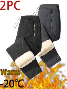 Men's Winter Fleece Lined Long Pants, Zipper Pockets, Casual Regular Fit Plain Solid Color Warm Pants, 2 Piece Set, Fitted