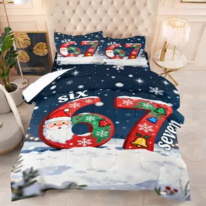 Christmas Style Quilt Explosion Elements "six seven" Quilted Comforter Set, Include One Filled Comforter and 1/2 Pillowcases without Core, Street Fashion Holiday Atmosphere Bedroom Warm Soft Quilt Core