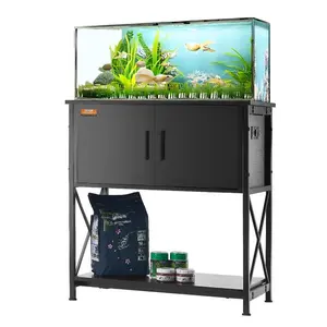Aquarium Stand, 29 Gallon Fish Tank Stand, 28.7x 16.5x 30 in Steel and MDF Turtle Tank Stand, 242.5 lbs Load Capacity, Reptile Tank Stand with Storage Cabinet and Embedded Power Panel, Black