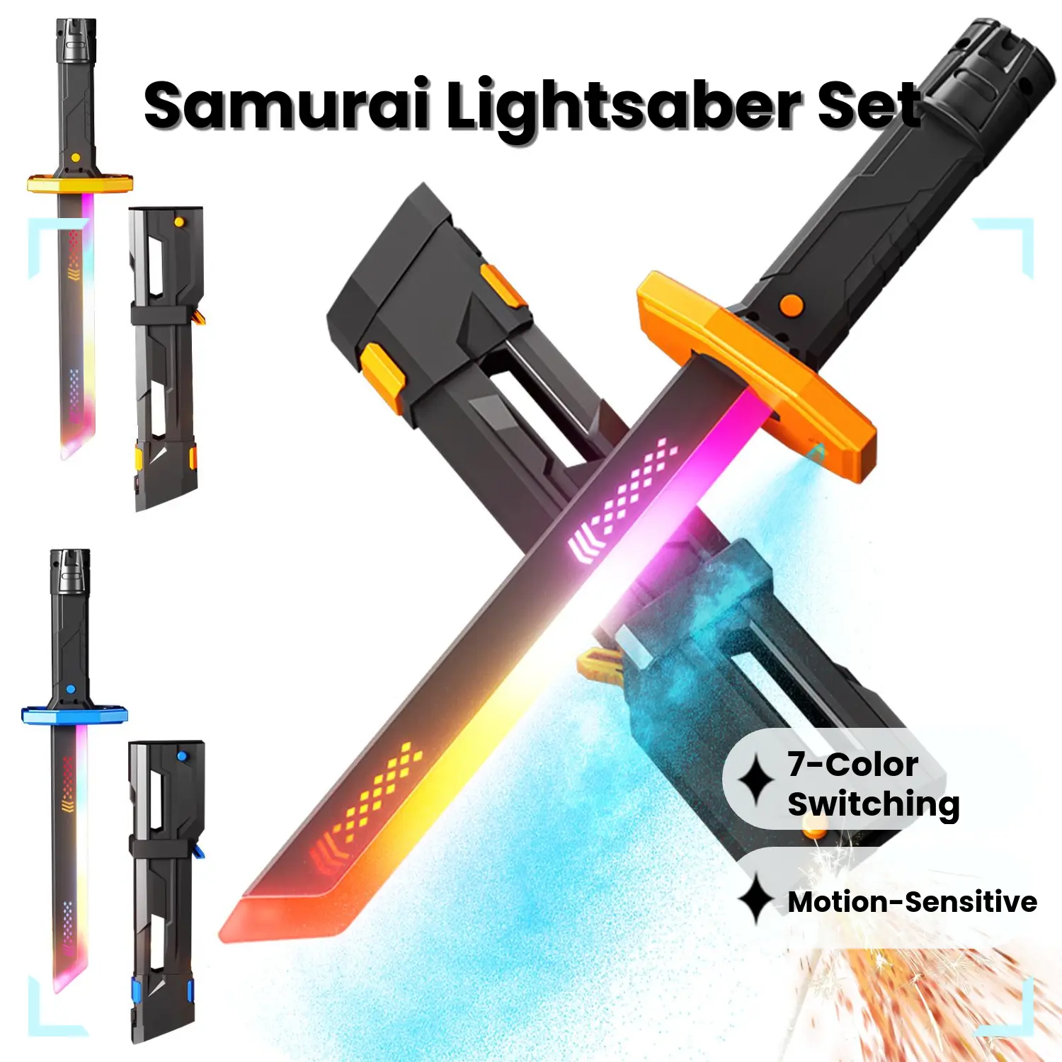 2 Pack Samurai Lightsaber with 7 RGB Colors Smooth Swing & Motion Control, Budget-Friendly Cyberpunk Lightsabers with Premium ABS Handle and Replaceable Blade,  Glowing Prop Light Sabers for Adults, Kids,Easy to Carry, Collectibles, Perfect Gift Party