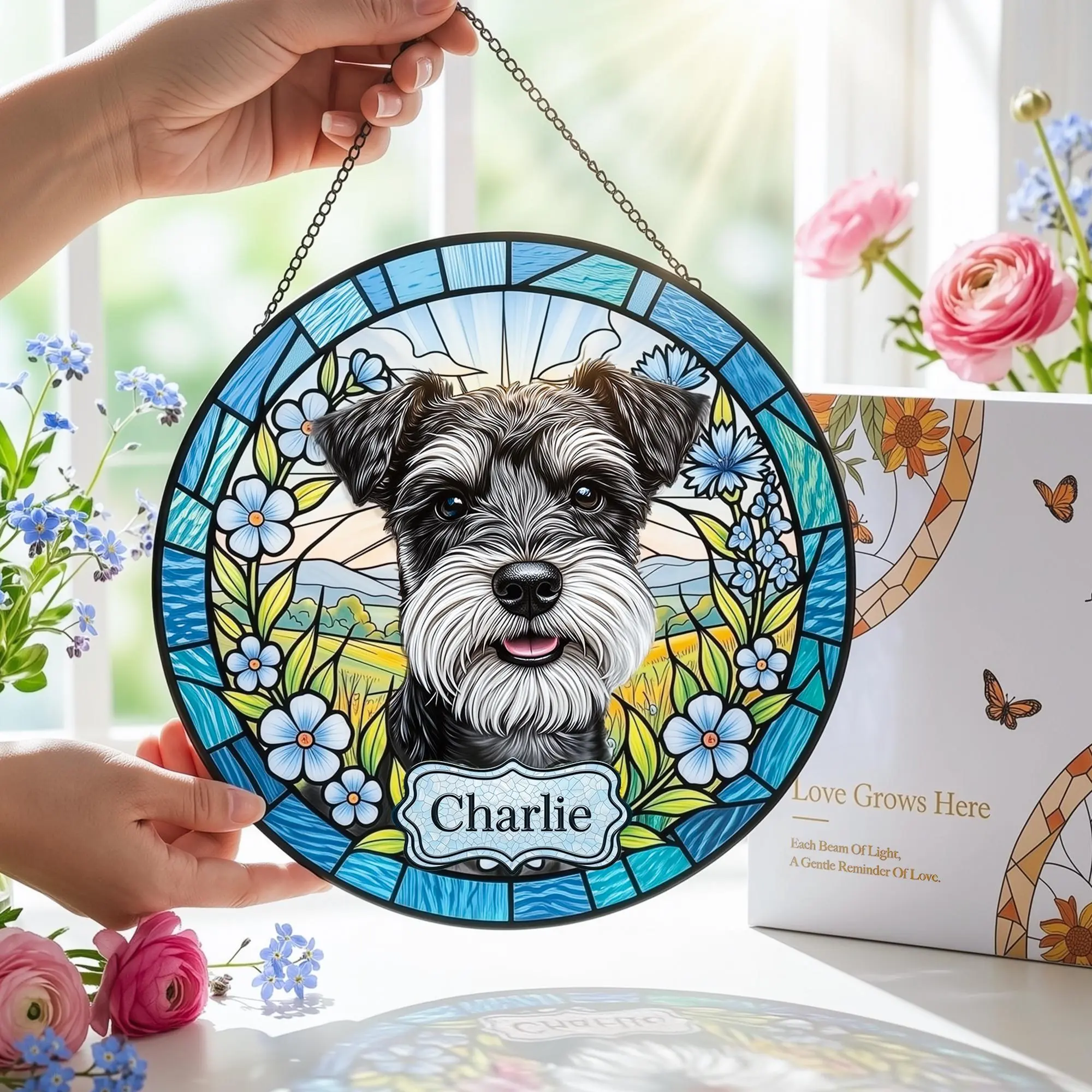 Personalized Pet Portrait Stained Glass Suncatcher, Custom Dog Cat Window Hanging, Pet Memorial Gift, Dog Lover Gift