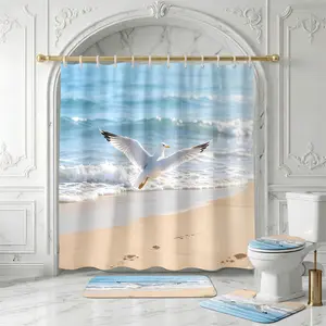 【Beach Theme】Shower Curtain Set – Vibrant Seagull in Flight over Sandy Shore Bathroom Decor – 4 Piece Bath Set with Mat – Waterproof, Non-Slip Bathroom Rug Set – Summer Vacation, Beach House, Nautical Theme, Coastal Home