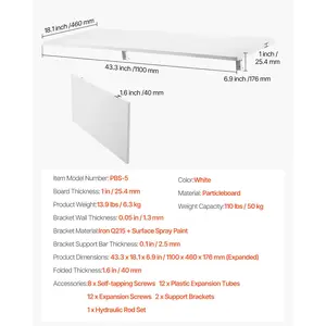 VEVOR Wall Mounted Folding Table, 43.3x 18 inches Wall Mount Table, Floating Desk with Iron Bracket, Fold Down Desk for Small Spaces, Home Office, Dining, Laundry Room, Kitchen, Bar, White