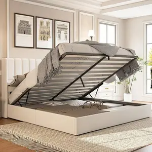 Lift-Up Storage Platform Bed Frame – Linen Upholstered Bed With Vertical Channel Tufted Wingback Headboard, Hydraulic System, Wood Slat Support, No Box Spring Needed