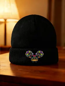 Mickey Mouse Sugar Skull Knitted hat Unisex Trendy Embroidered Hat with Colorful Floral Design Breathable Comfortable for Daily Warm and suitable for winter Fashion Accessory
