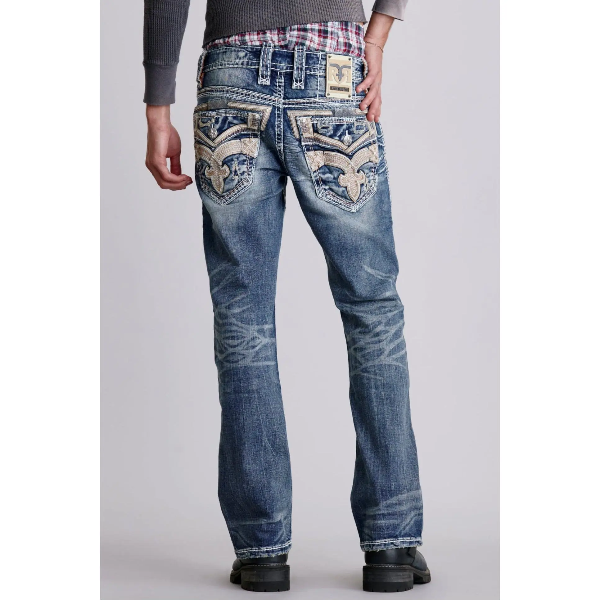 Rock Revival Eggplant Bootcut Jeans in Medium Blue Bottom Straight, Embroidery, Pants, Denim