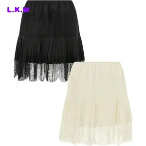 1pcs Women'S Vintage Skirts Lace Slip Skirt Pleated Ruffle Floral Lace Tiered Short Mini Underskirt Womenswear Bottom Black And Beige Fitted Basic Cute