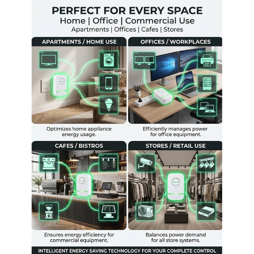 Electricity Saving Box Energy Saving Device Smart Save Plug Power Saver Voltage Optimization Surge Protection Thermoregulation Outlet Home Office Compact Plug and Play Energy Efficiency